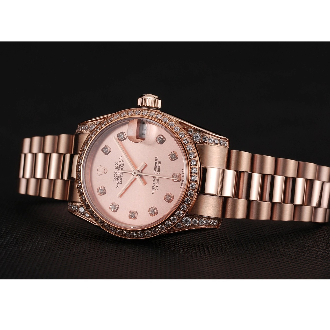 Aaa replica watch Case DateJust Swiss 1453977 Diamond Gold Gold Bracelet Rolex Dial Rose Rose 0724